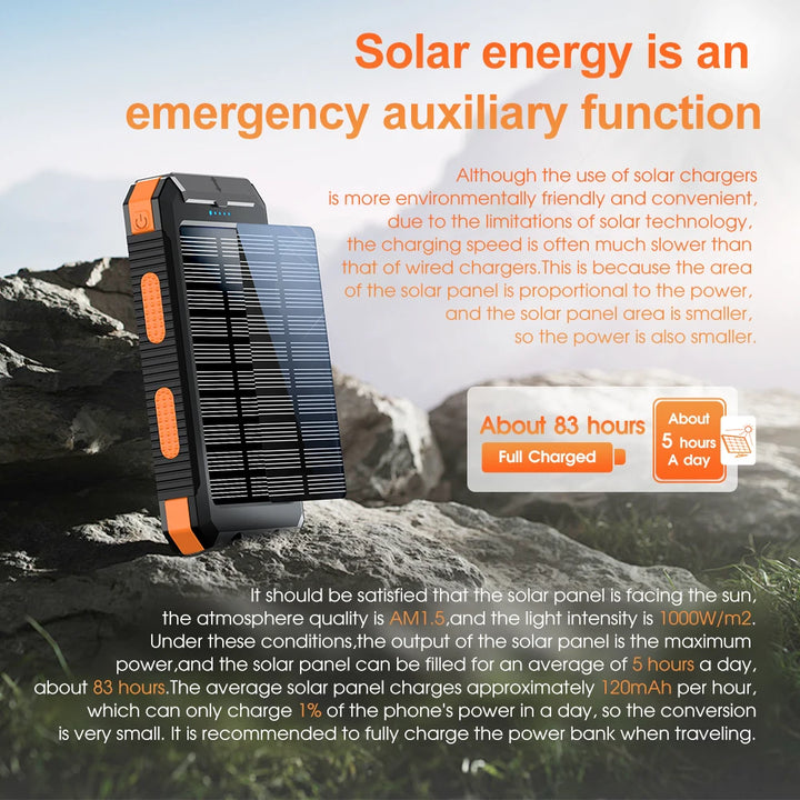 Solar battery pack -10000mAh built-in LED flashlight, climbing button, compass, external solar panel efficient charging