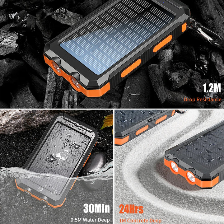 Solar battery pack -10000mAh built-in LED flashlight, climbing button, compass, external solar panel efficient charging