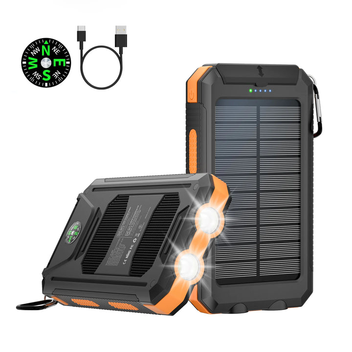 Solar battery pack -10000mAh built-in LED flashlight, climbing button, compass, external solar panel efficient charging