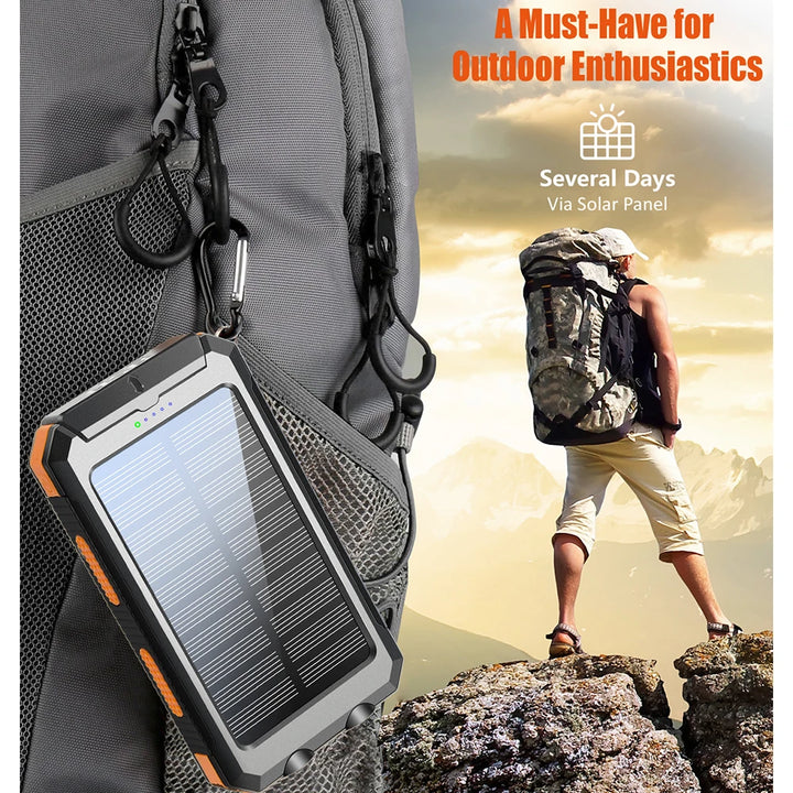 Solar battery pack -10000mAh built-in LED flashlight, climbing button, compass, external solar panel efficient charging