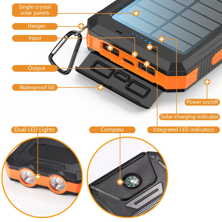 Solar battery pack -10000mAh built-in LED flashlight, climbing button, compass, external solar panel efficient charging