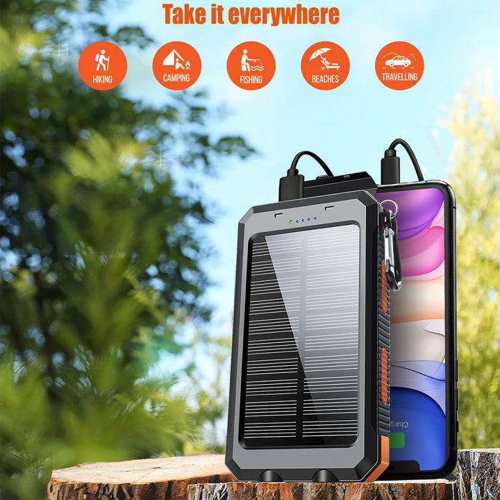 Solar battery pack -10000mAh built-in LED flashlight, climbing button, compass, external solar panel efficient charging