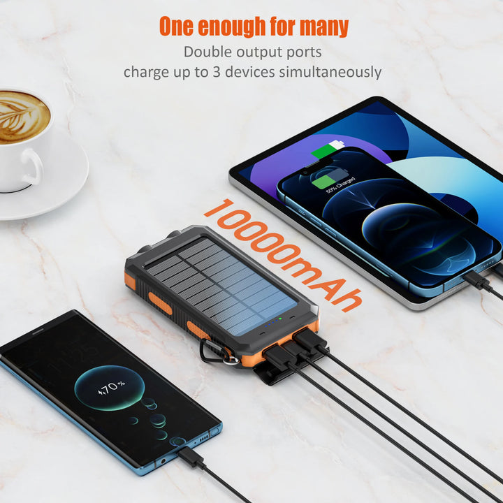 Solar battery pack -10000mAh built-in LED flashlight, climbing button, compass, external solar panel efficient charging