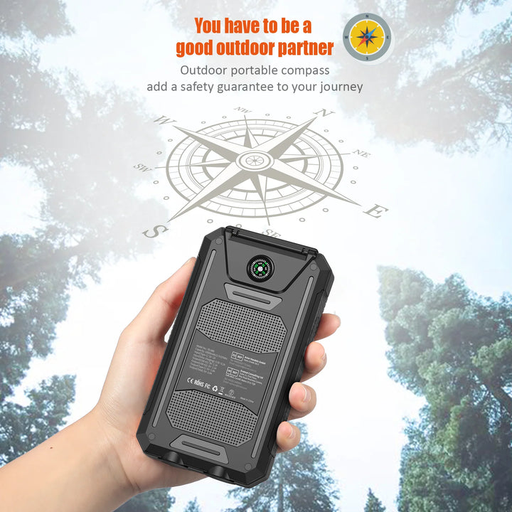 Solar battery pack -10000mAh built-in LED flashlight, climbing button, compass, external solar panel efficient charging