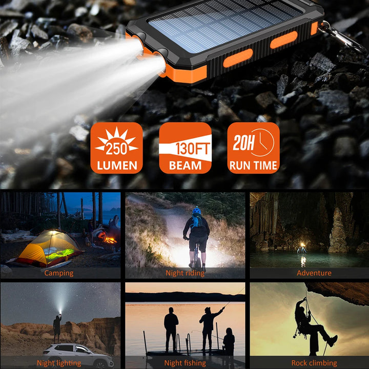 Solar battery pack -10000mAh built-in LED flashlight, climbing button, compass, external solar panel efficient charging